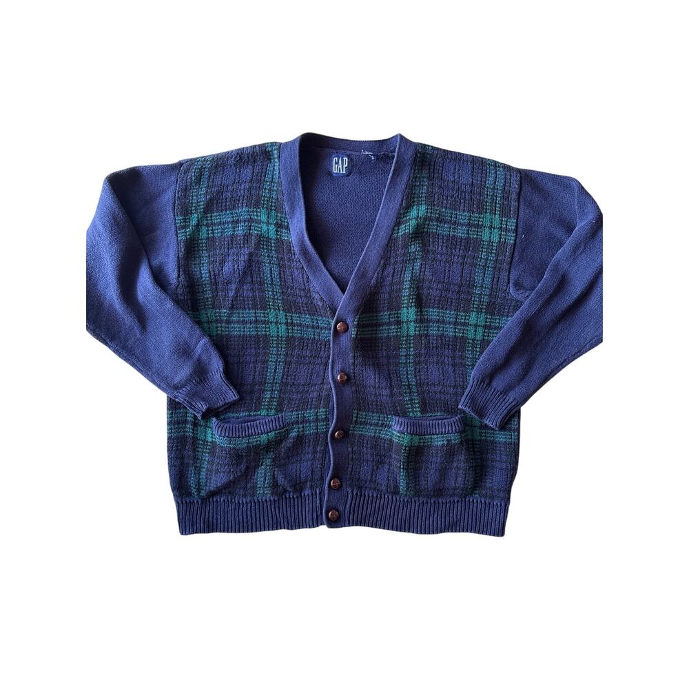 Vintage 90s GAP Navy Green Plaid Knit Cardigan Mens M